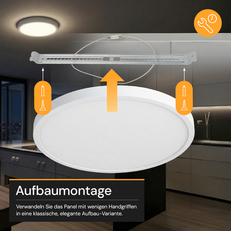 LED CCT Panel, Ein-/Aufbau, 24 W, 2400 lm, Ø290 mm, 5CCT (2700 K– 5700 K), Lochdurchm. variabel, Anschlussbox.