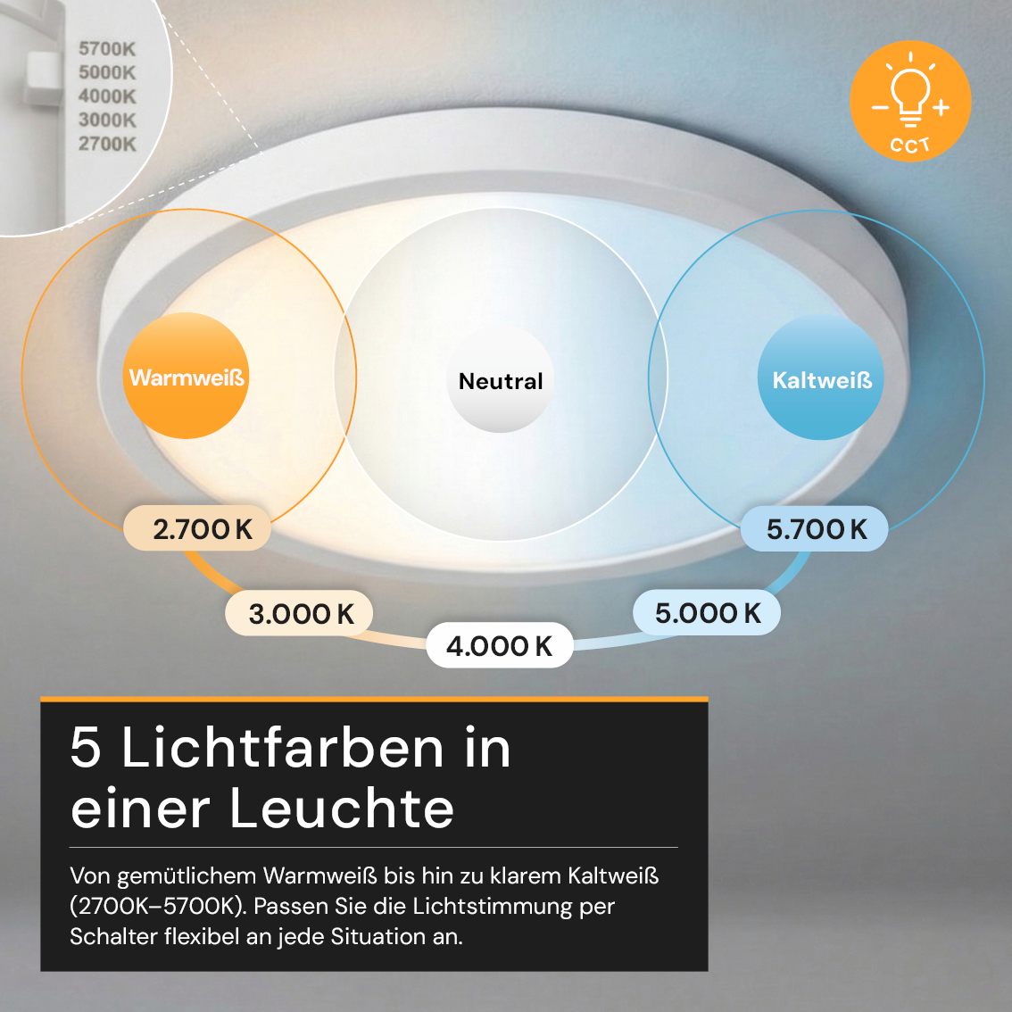 LED CCT Panel, Ein-/Aufbau, dimmbar, 24 W, 2400 lm, Ø290 mm, 5CCT (2700 K– 5700 K), Lochdurchm. variabel, Anschlussbox.