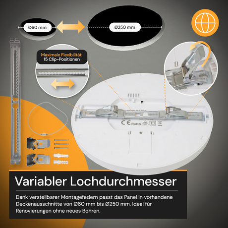 LED CCT Panel, Ein-/Aufbau, dimmbar, 24 W, 2400 lm, Ø290 mm, 5CCT (2700 K– 5700 K), Lochdurchm. variabel, Anschlussbox.