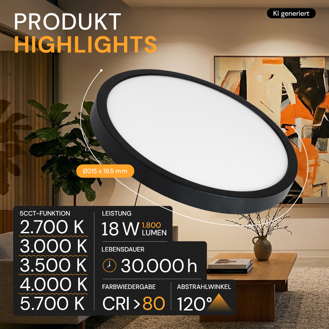 LED CCT Panel, Ein-/Aufbau, Schwarz, Bewegungssensor, 18 W, 1800 lm, Ø215 mm, 5CCT (2700 K– 5700 K), Lochdurchm. variabel, Anschlussbox