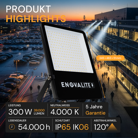 LED-Fluter, 300 W, 4000 K (Neutralweiß), 39.000 lm, P65