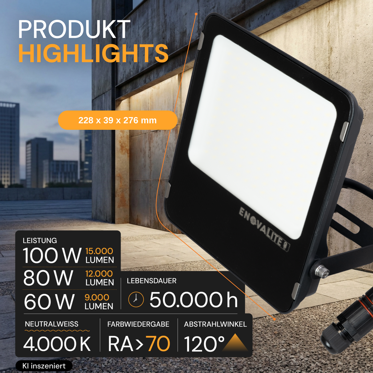LED Fluter PRO mit einstellbarer Leistung (100 W / 80 W / 60 W), 4000 K, bis zu 15.000 lm, IP66, IK08, 0–10 V dimmbar, inkl. Quick-Anschluss