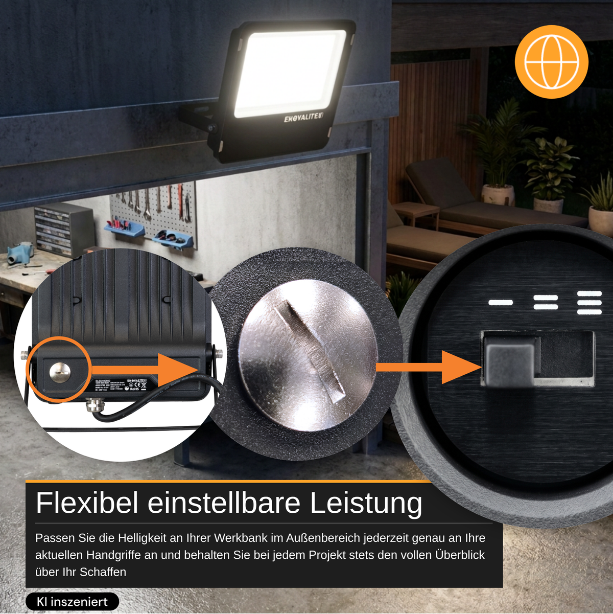 LED Fluter PRO mit einstellbarer Leistung (100 W / 80 W / 60 W), 4000 K, bis zu 15.000 lm, IP66, IK08, 0–10 V dimmbar, inkl. Quick-Anschluss