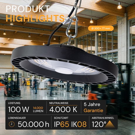 LED-HighBay, UFO, 100 W, 14000 lm, 4000 K (neutralweiß), IP65,LIFUD, LUMILEDS LEDs.