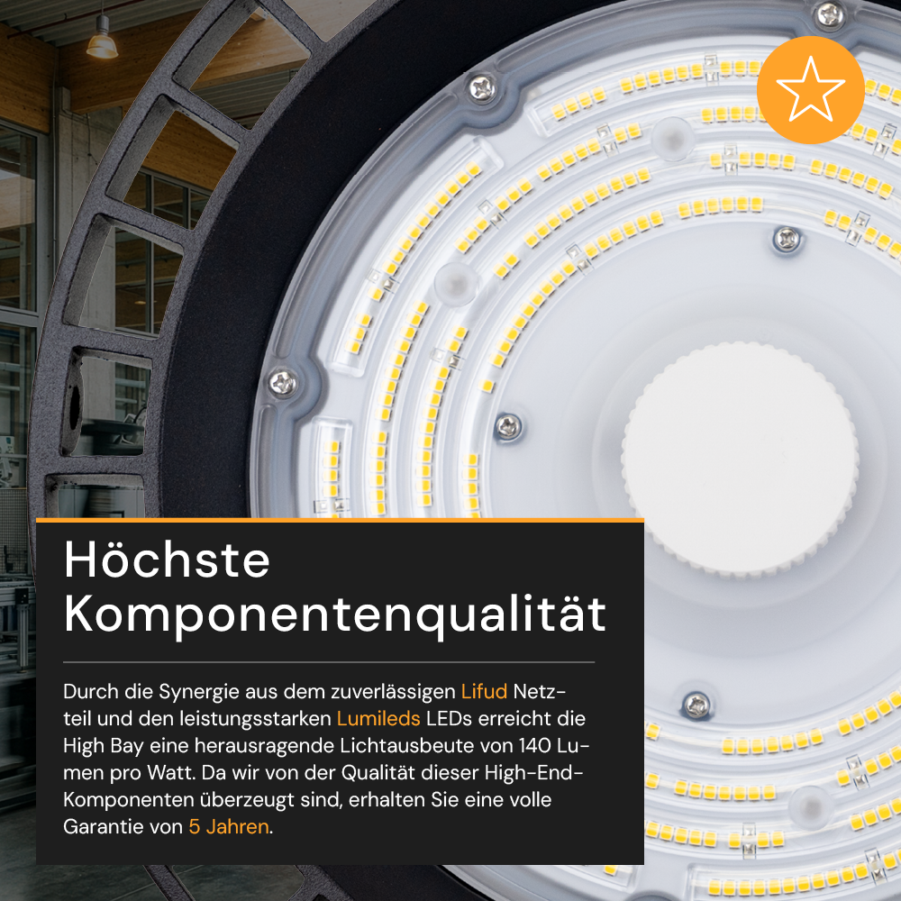 LED-HighBay, UFO, 100 W, 14000 lm, 4000 K (neutralweiß), IP65,LIFUD, LUMILEDS LEDs.
