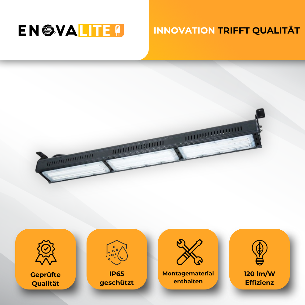4er Pack LED-Hallenleuchte, linear, 150 W, 18000 lm, 5000 K (neutralweiß), IP65, ENEC-Zertifizierung, schwarz.