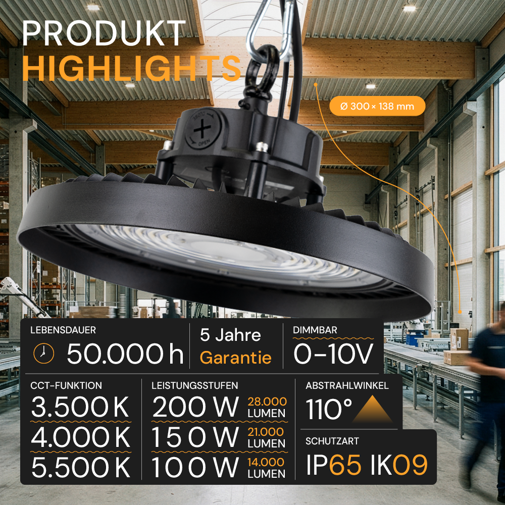 LED HighBay UFO, 200 W, 34000 lm, CCT (warm-/neutral-/kaltweiß)