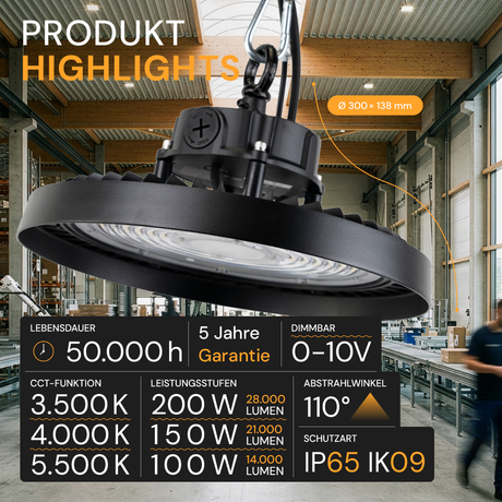 LED HighBay UFO, 200 W, 34000 lm, CCT (warm-/neutral-/kaltweiß)
