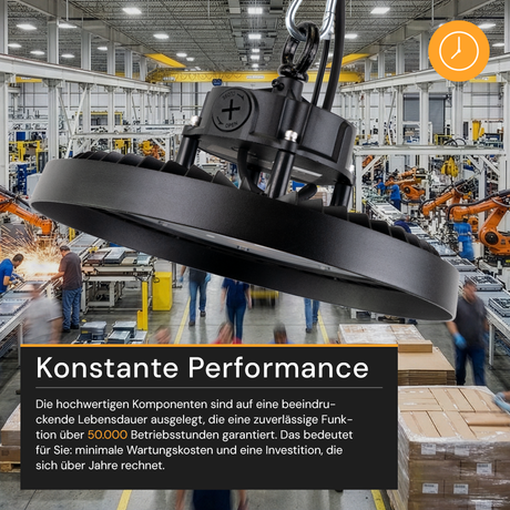 LED-Hallenstrahler, 200 W, 34000 lm, 4000 K, schwarz, Ø 30 cm, anpassbare Leistung, dimmbar