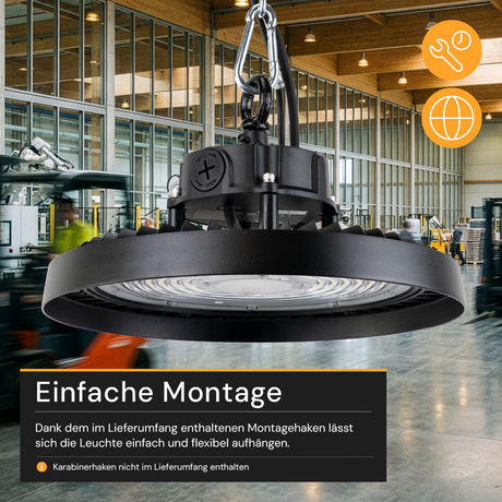 LED-Hallenstrahler, 200 W, 34000 lm, 4000 K, schwarz, Ø 30 cm, anpassbare Leistung, dimmbar