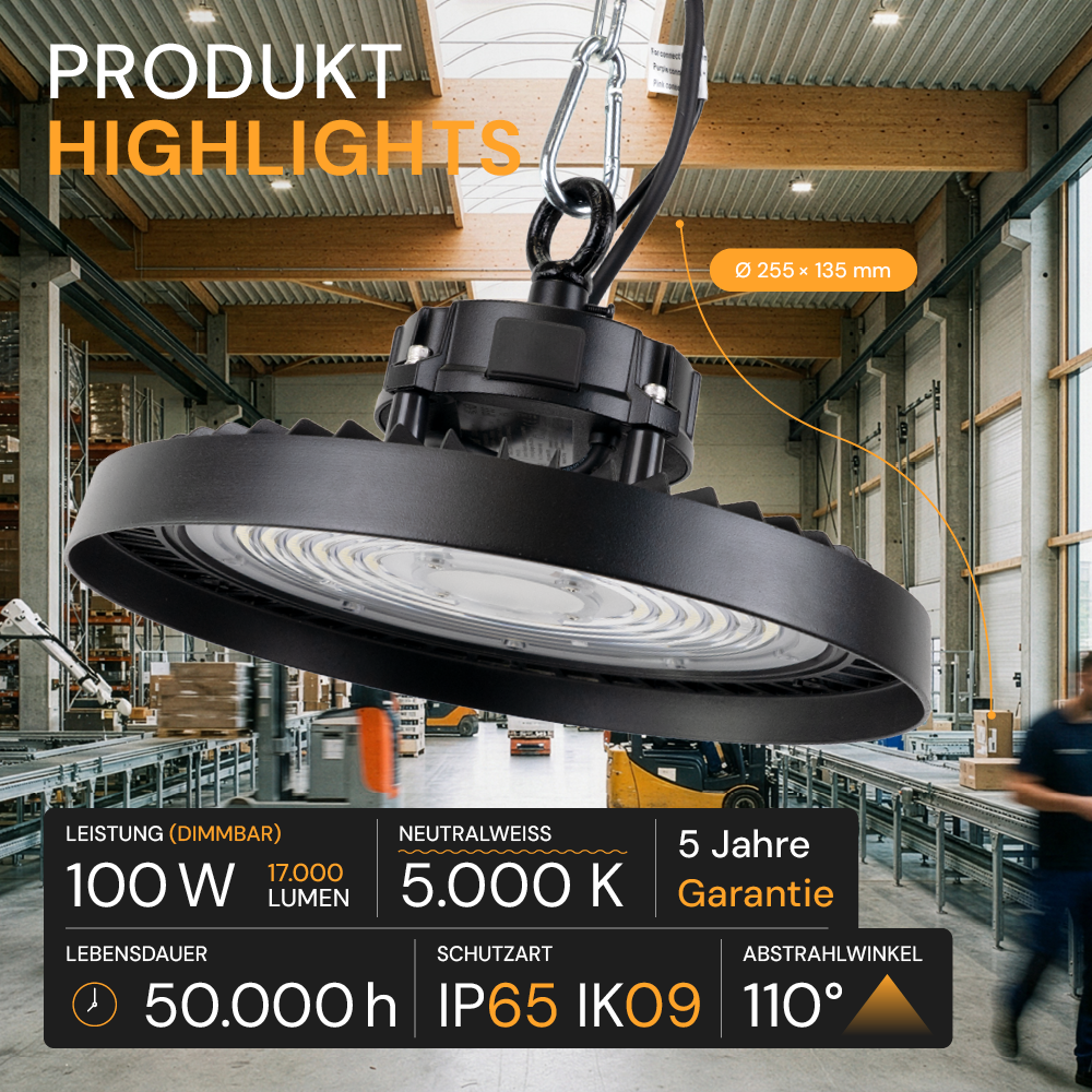 LED HighBay UFO, 100 W, 17000 lm, IP65, 5000 K (neutralweiß)