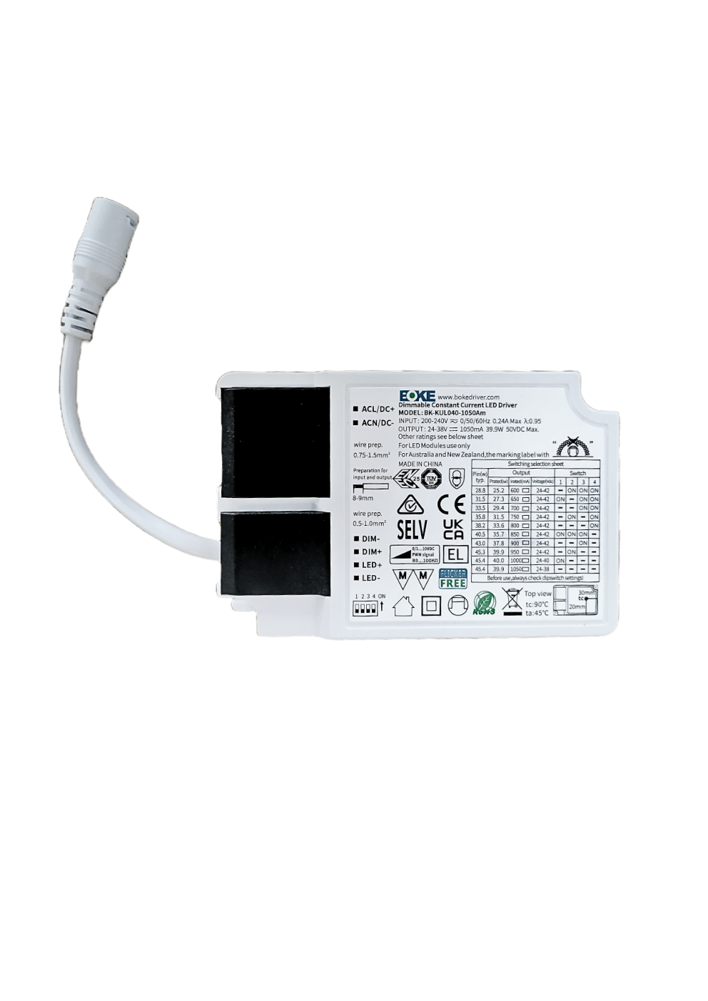 0-10V dimmbares LED-Netzteil, BOKE, 40 W, 24-38 V, IP20,ENEC, Möbelzulassung.