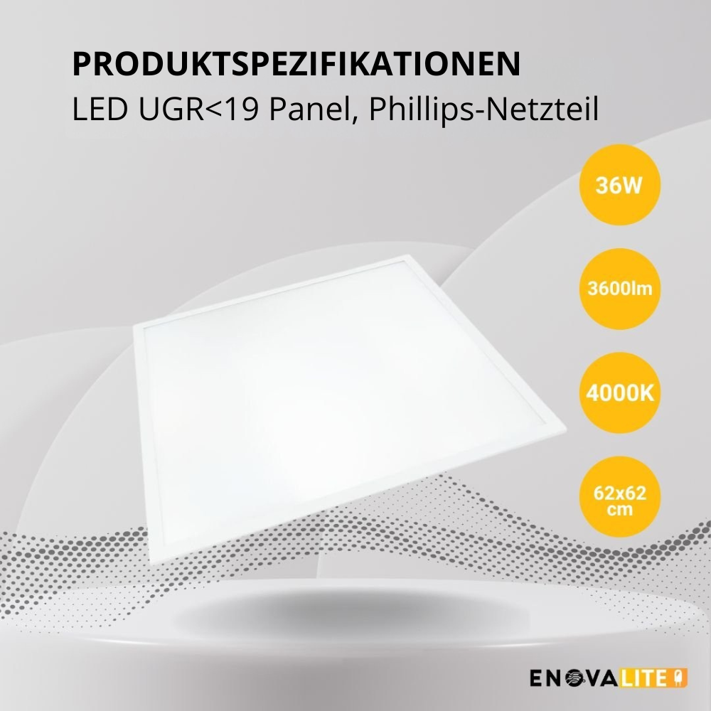 LED Panel, 62x62 cm, 36 W, 3600 lm, 4000 K, UGR<19, Philips Driver.