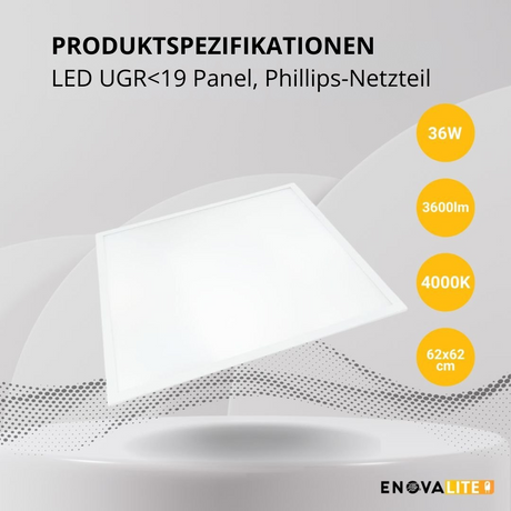 LED Panel, 62x62 cm, 36 W, 3600 lm, 4000 K, UGR<19, Philips Driver.