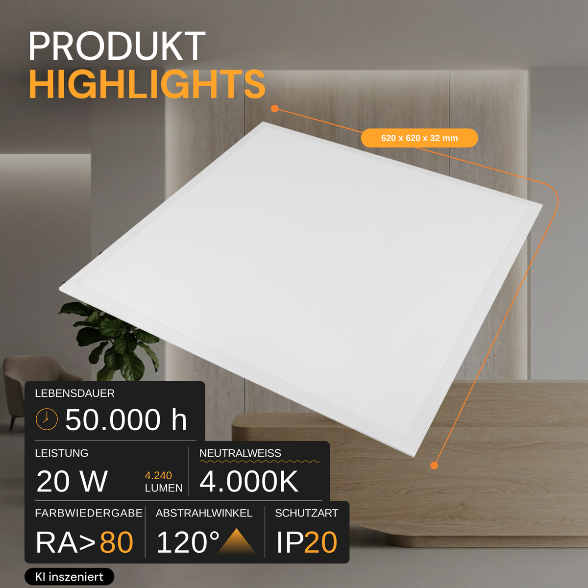 LED-Panel, 20 W, 4.240 lm, 4.000 K, weiß, 62x62 cm, Energieeffizienzklasse A.