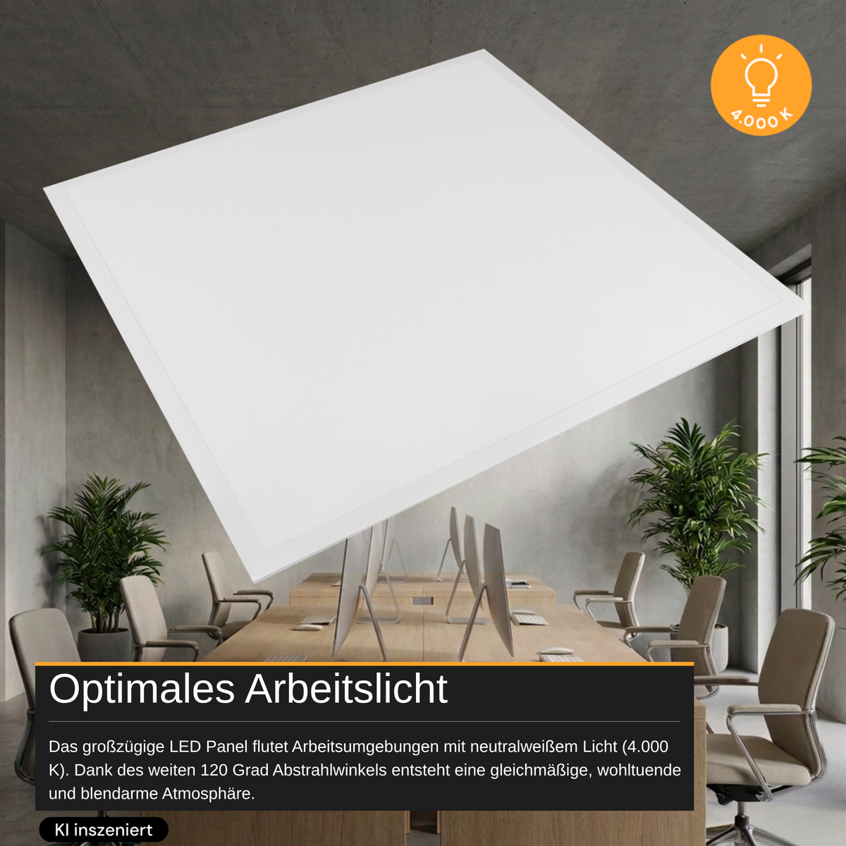 LED-Panel, 20 W, 4.240 lm, 4.000 K, weiß, 62x62 cm, Energieeffizienzklasse A.