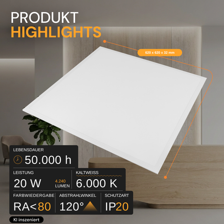 6er Pack LED-Panel, 20 W, 4.240 lm, 6.000 K, weiß, 62x62 cm, Energieeffizienzklasse A.