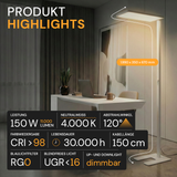 LED Büro-Stehleuchte Up&Down mit Sensor, 150W, 11.000lm, 4000K, UGR<16, CRI>98, dimmbar, weiß