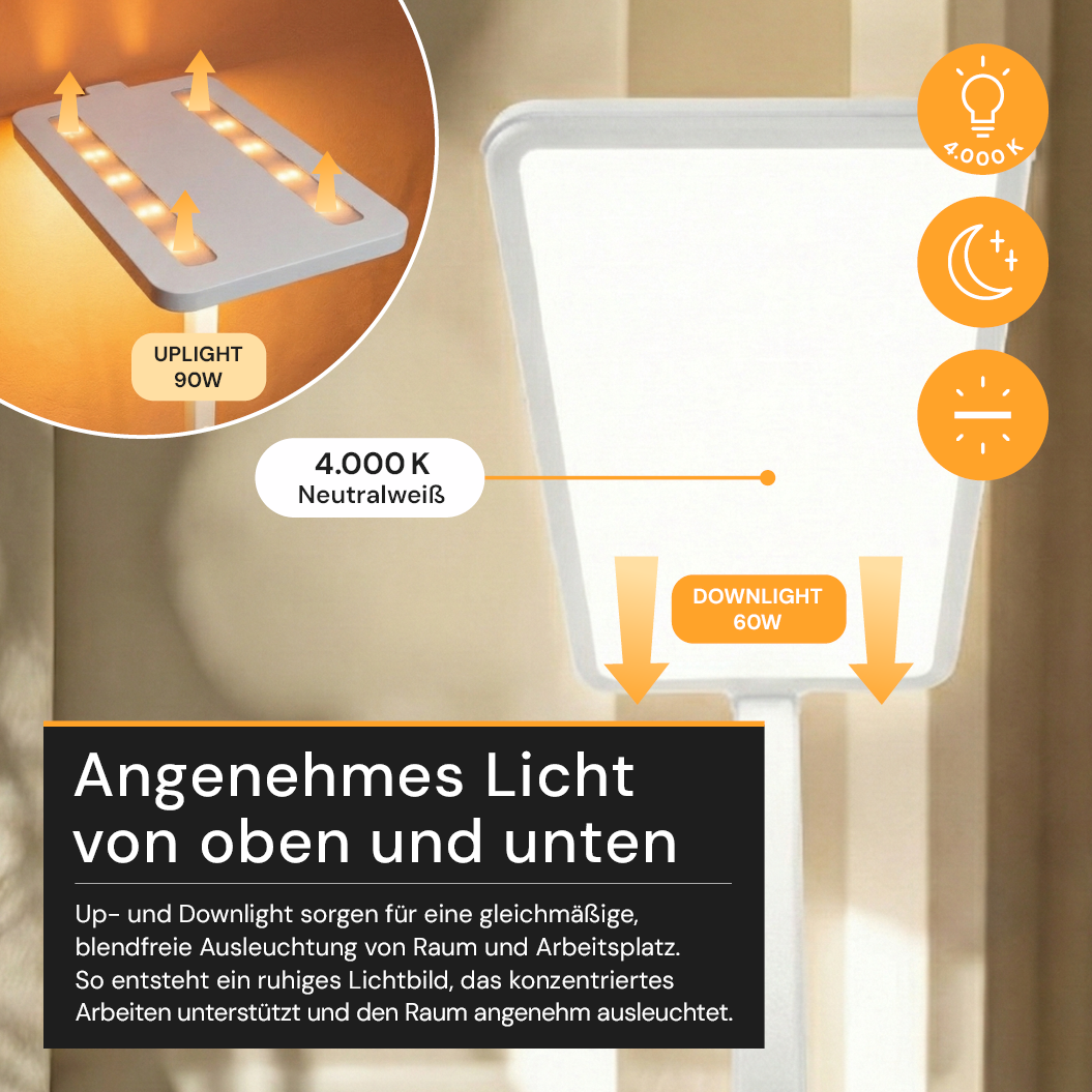 LED Büro-Stehleuchte Up&Down mit Sensor, 150W, 11.000lm, 4000K, UGR<16, CRI>98, dimmbar, weiß