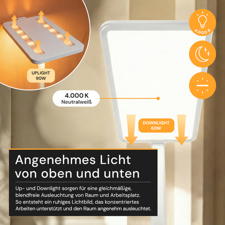 LED Büro-Stehleuchte Up&Down mit Sensor, 150W, 11.000lm, 4000K, UGR<16, CRI>98, dimmbar, weiß