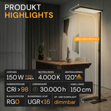 LED Büro-Stehleuchte Up&Down mit Sensor, 150W, 11.000lm, 4000K, UGR<16, CRI>98, dimmbar, schwarz