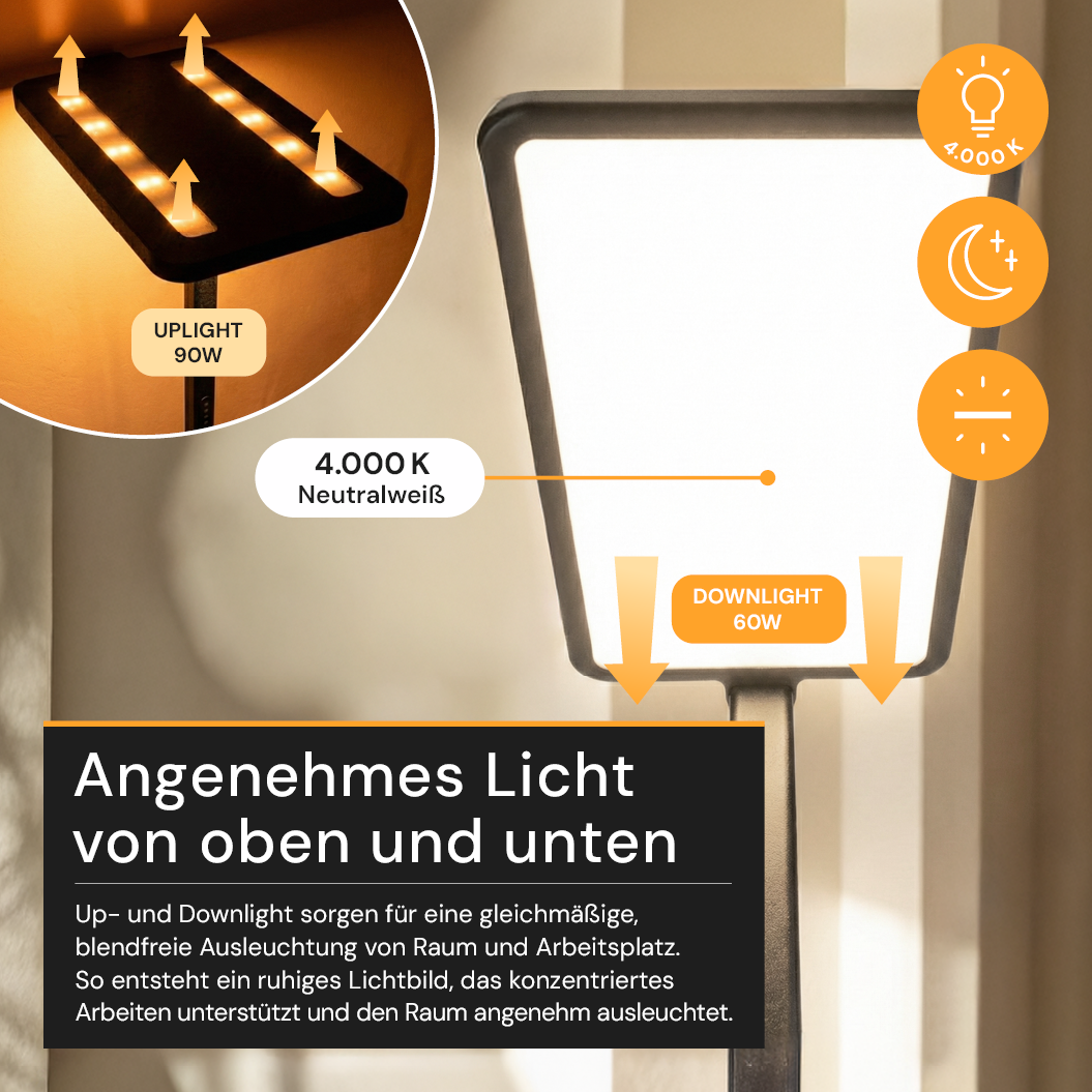 LED Büro-Stehleuchte Up&Down mit Sensor, 150W, 11.000lm, 4000K, UGR<16, CRI>98, dimmbar, schwarz