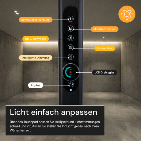LED Büro-Stehleuchte Up&Down mit Sensor, 150W, 11.000lm, 4000K, UGR<16, CRI>98, dimmbar, schwarz