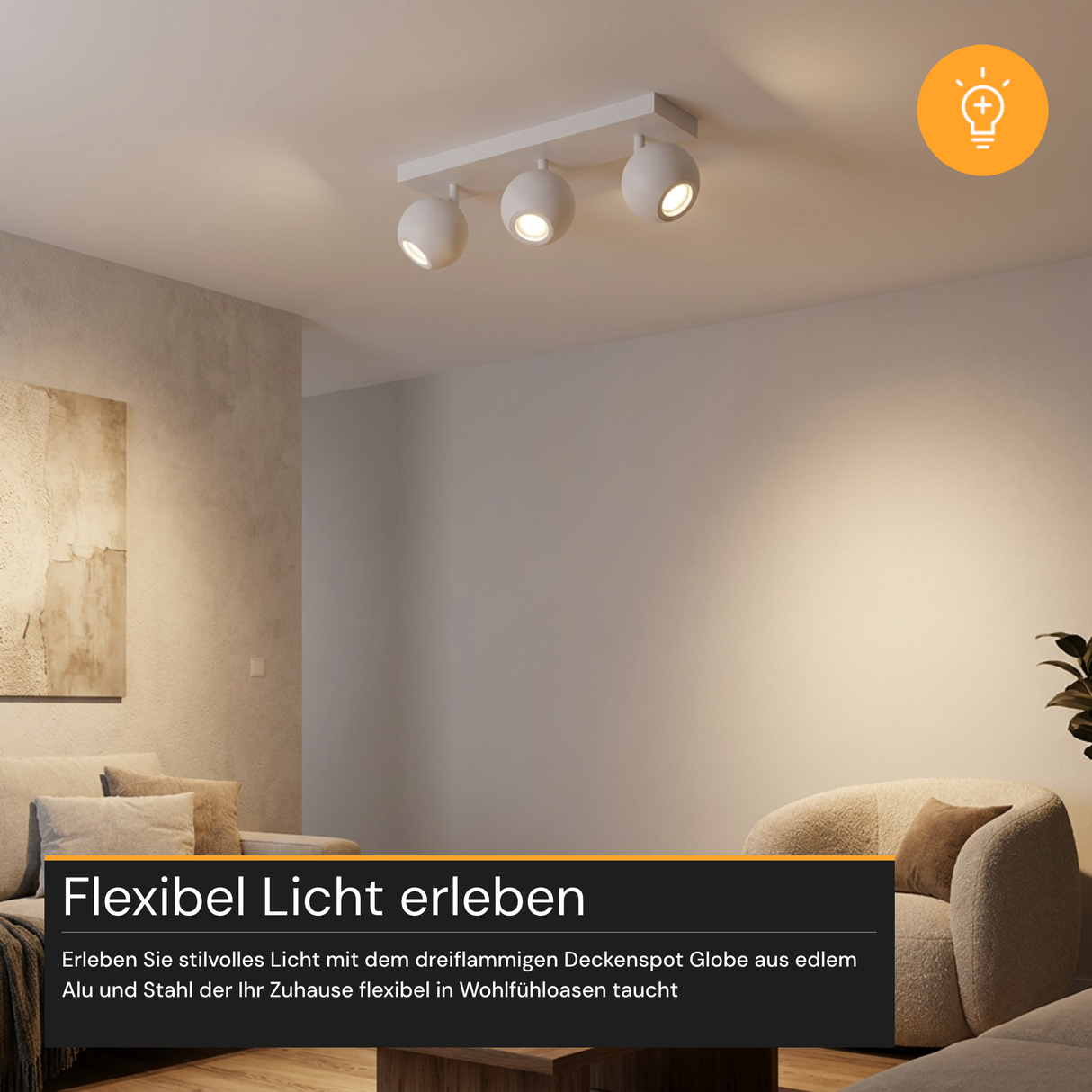 Deckenspot GLOBE, in Weiß, aus Alu und Stahl, 3-flammig, GU10-Fassung, IP20, Ø10cm
