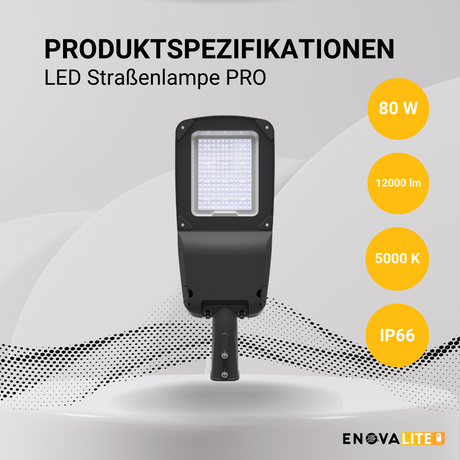 LED-Straßenleuchte PRO, 80 W, 12000 lm, 5000 K (neutralweiß), IP66, SOSEN Driver, LUMILEDS LED, hochenergieeffizient, dimmbar 0-10 V.