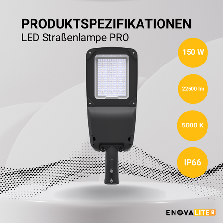 LED-Straßenleuchte PRO, 150 W, 22500 lm, 3000 K (warmweiß), IP66, SOSEN Driver, LUMILEDS LED, hochenergieeffizient.