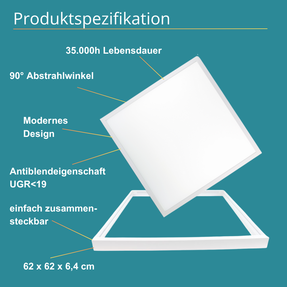6er Pack LED-Panels, 62x62 cm, inkl Aufbaurahmen, UGR19, 4000 K, 36 W, 3600 lm, Back-Lit, inkl Netzteilen.