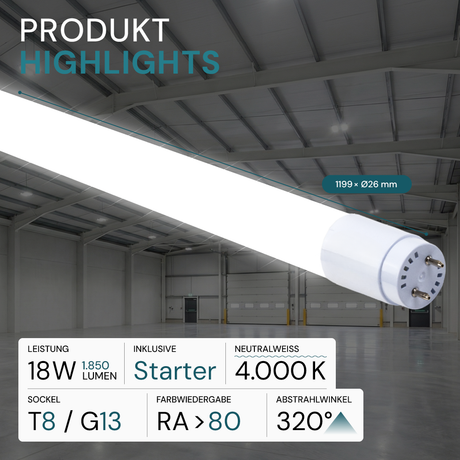 LED T8 Röhre, 120 cm, 18 W, 1850 lm, 4000 K (neutralweiß), drehbar, mit Brücke.