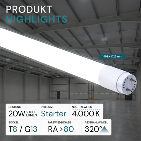 LED T8 Röhre, 150 cm, 20 W, 2100 lm, 4000 K (neutralweiß), drehbar, mit Brücke.