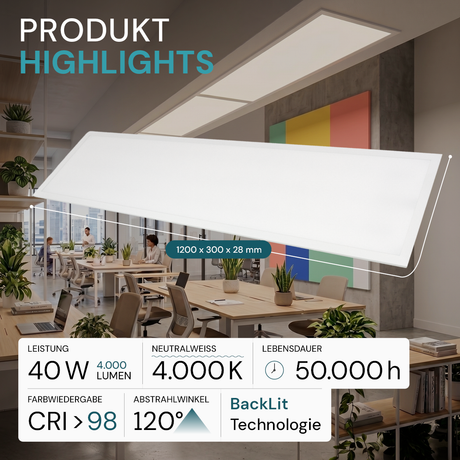 2er Pack LED BackLit Panel, 120x30 cm, CRI98, 40W, 4000lm, 4000K.