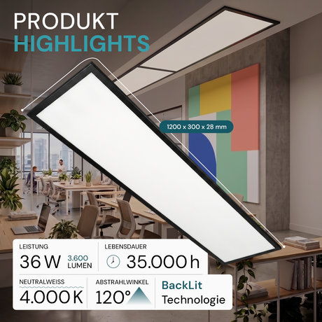 LED-Panel, Backlit, 120x30 cm, schwarz, 36W, 3600lm, 4000K.