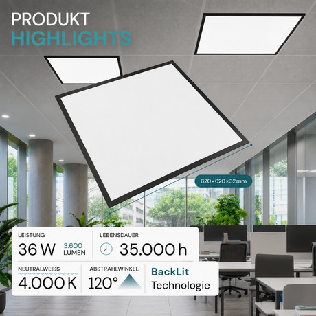 LED BackLit Panel, 62x62 cm, schwarz, 36W, 3600lm, 4000K, ECO Line.