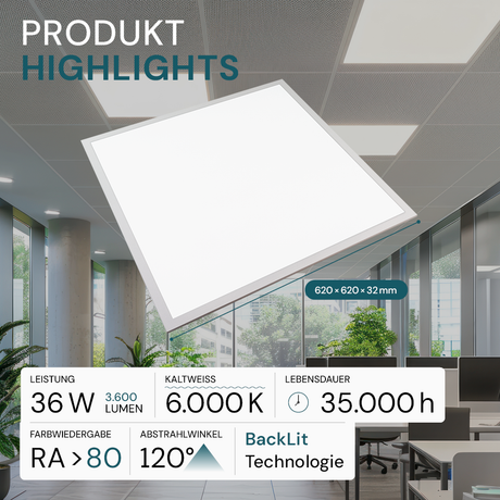 4er-Pack LED BackLit Panel, 62x62 cm, 36W, 3600lm, 6000K, ECO Line