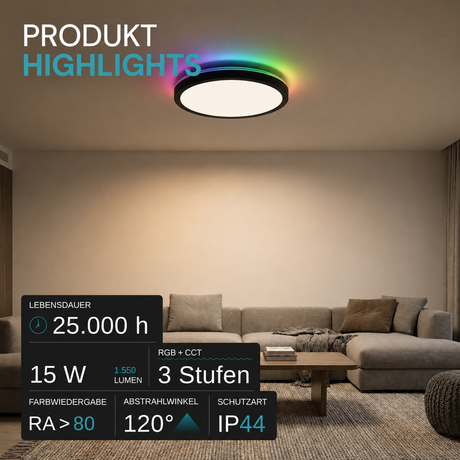 RGB Panel Up&Down, 15W, 1550lm, IP44, ø283x28mm, 3000-6500 K (CCT), dimmbar, schwarz