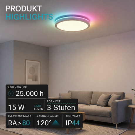 RGB Panel Up&Down, 15W, 1550lm, IP44, ø283x28mm, 3000-6500K (CCT), dimmbar, weiß