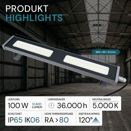 LED-Hallenleuchte, linear, 100 W, 12400 lm, 5000 K (neutralweiß), IP65, grau
