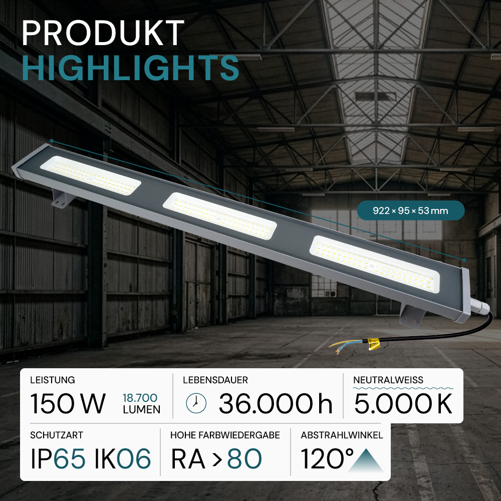 4er Pack LED-Hallenleuchte, linear, 150 W, 18700 lm, 5000 K (neutralweiß), IP65, grau