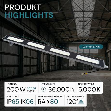 4er Pack LED-Hallenleuchte, linear, 200 W, 25000 lm, 5000 K (neutralweiß), IP65, grau