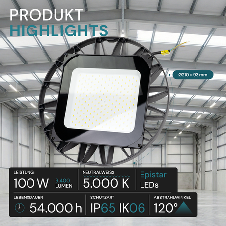 LED-HighBay, UFO, Hallenstrahler, 100 W, 9400 lm, 5000 K (neutralweiß), IP65