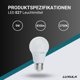 LED Leuchtmittel, E27, A60, 9W, 835lm, 2700K warmweiß.