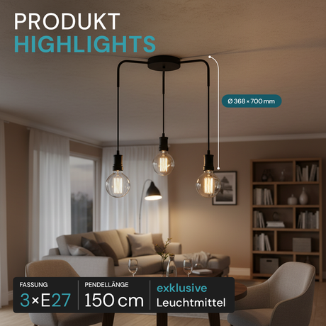 Hängeleuchte 3-Fach, E27, INDUSTRIAL, Metall, schwarz, Textilkabel schwarz, exkl. Leuchtmittel
