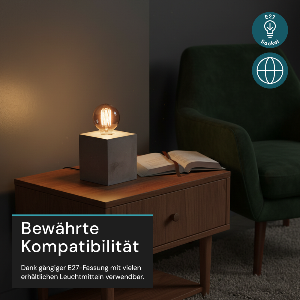 Tischleuchte E27, CUBE, Metall zementoptik, Textilkabel mit Schalter, exkl. Leuchtmittel