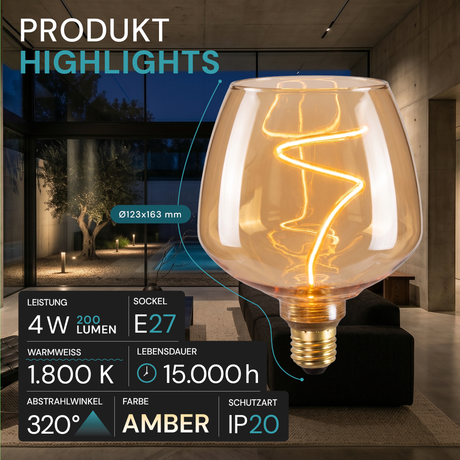 LED Filament Leuchtmittel, Bulbous, BN9, E27, 4W, 200lm, 1800K, dimmbar.