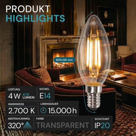 LED Filament Leuchtmittel, Kerze, C35, E14, 4W, 470 lm, 2700K, dimmbar