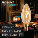 LED Filament Leuchtmittel, Kerze, C35, E14, 3 W, 165 lm, 2200K, dimmbar.