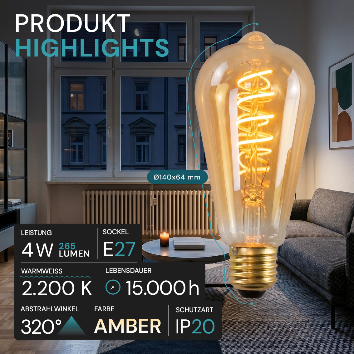 LED Filament Leuchtmittel, SPIRAL, ST64, E27, 4 W, 265 lm, 2200K, dimmbar.